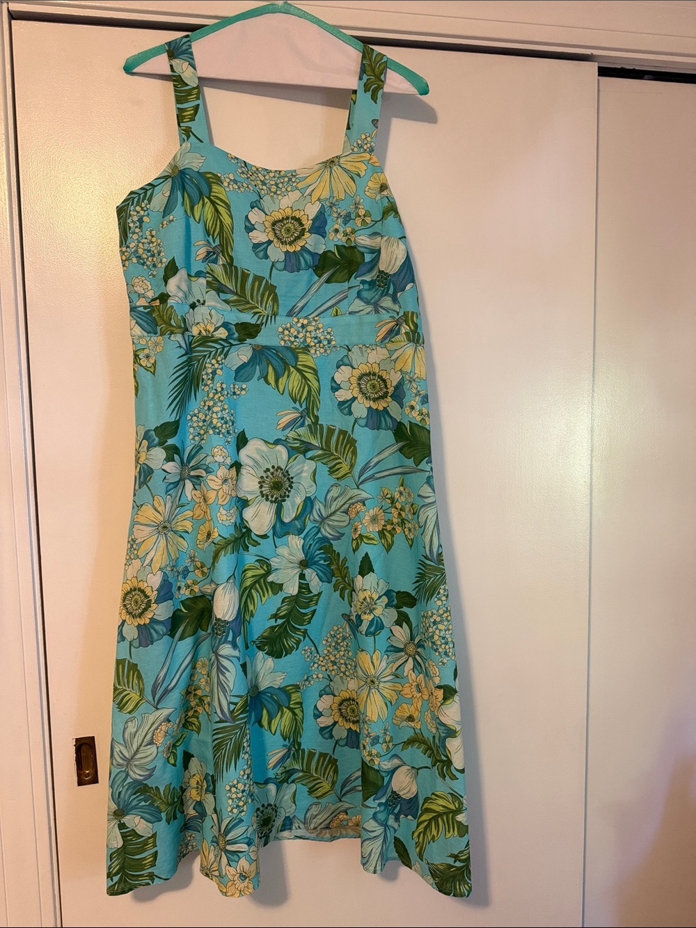 Talbots Aqua Floral Midi Dress with Green and Yellow Accents- Like New!!!!